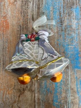 Christopher Radko Christmas Wessing Bells Glass Ornament with Ribbon and Roses